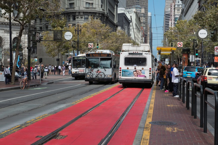 Two Muni trolley buses and one motor bus with a bike in its front rack pass each other on Market Street at 5th Street wit pedestrians and traffic around them.