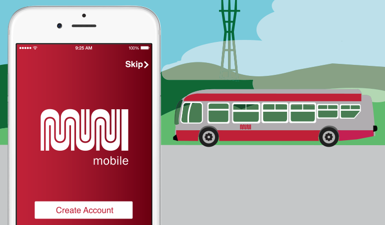 Graphic of white iPhone with red screen and Muni worm logo with "mobile" underneath and a Muni bus, fog and Sutro Tower on the right.