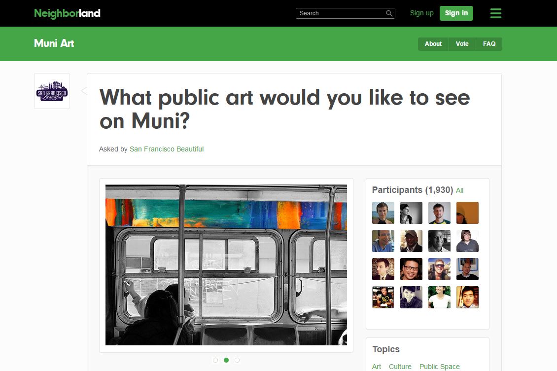 Screen shot of Neighborland Muni Art web page with black, green and white graphics.