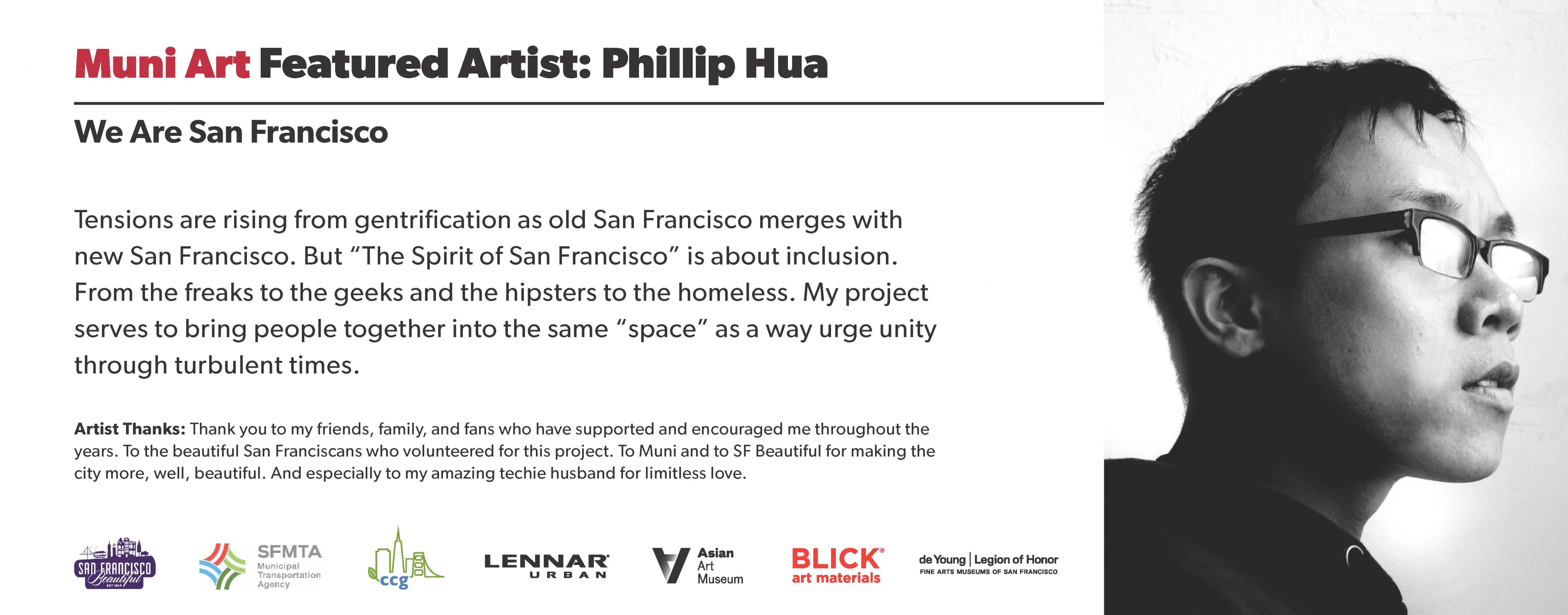  Phillip Hua, We Are San Francisco" followed by a description of the exhibit and the artist's acknowledgements. Below are the sponsor logos with a photograph of the artist, a young man with short cropped dark hair and glasses