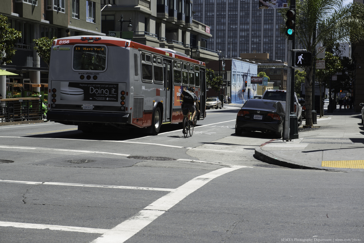 Polk St. at O'Farrell, Muni bus and bicyclists travel south in front of parklet with trees.