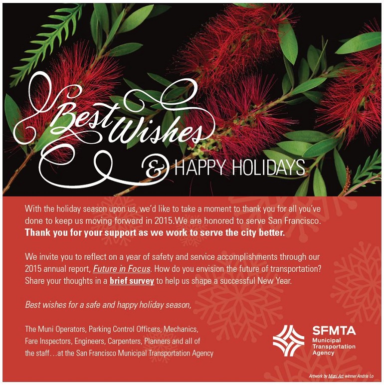 SFMTA holiday greeting with foliage on a red background and white text "Best Wishes & happy holidays" 