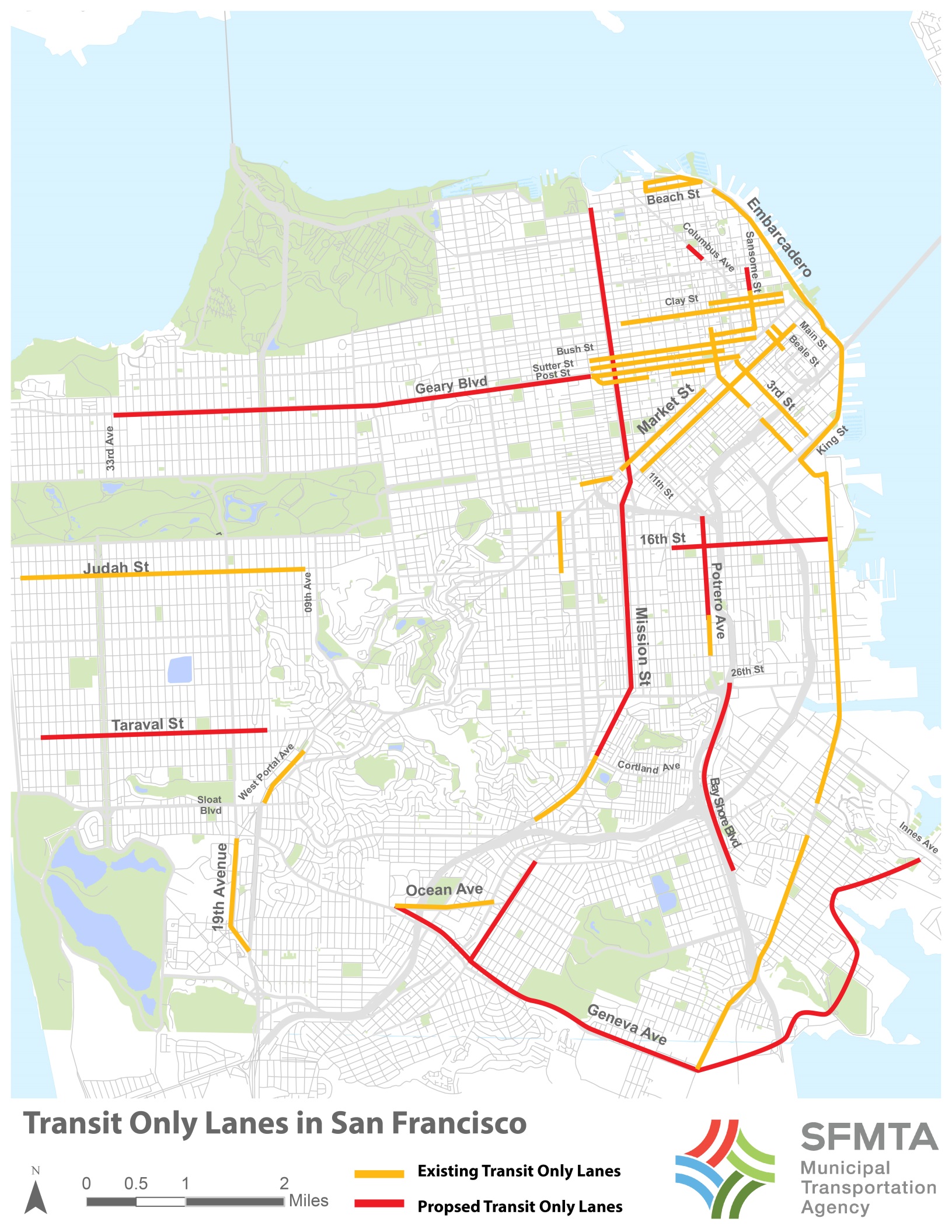 Map of San Francisco showing red lines for existing transit-only lanes and yellow lines for future ones.