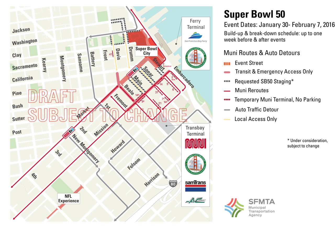 "Super Bowl 50" transportation map shows downtown San Francisco with the event street closures and traffic and transit impacts.