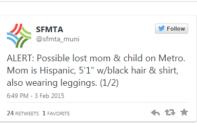 Screen shot of an SFMTA Tweet alerting customer to a missing person.