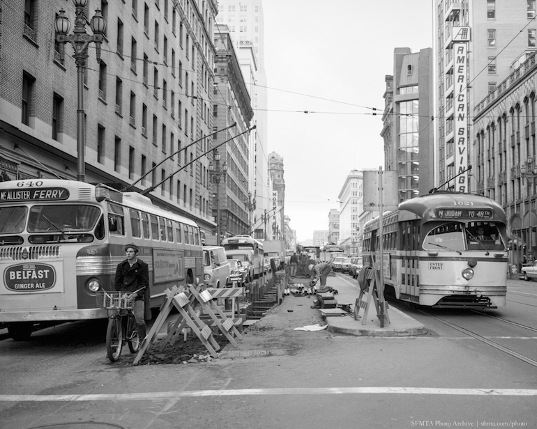 Traffic Around Construction of Passenger Loading Island on Market Street | December 7, 1966 | X9891_1