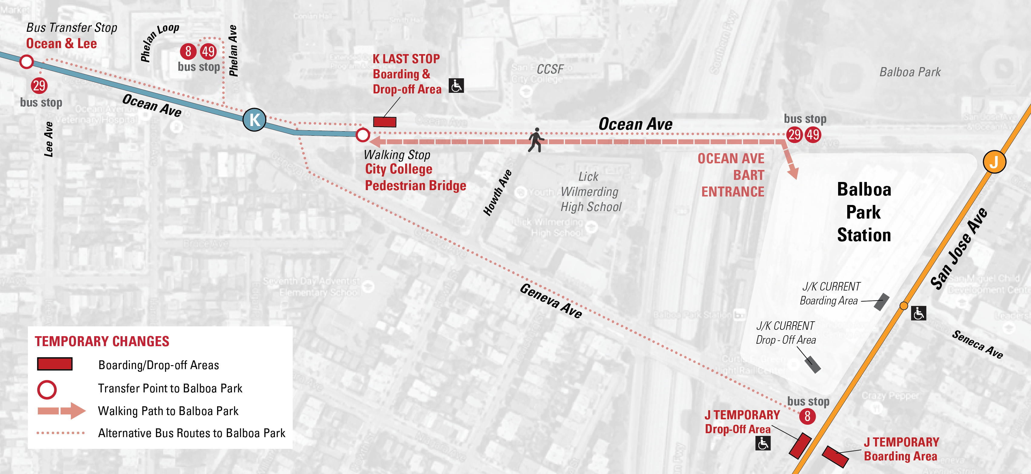 A map of stop changes for the J and K Lines around Balboa Park Station.