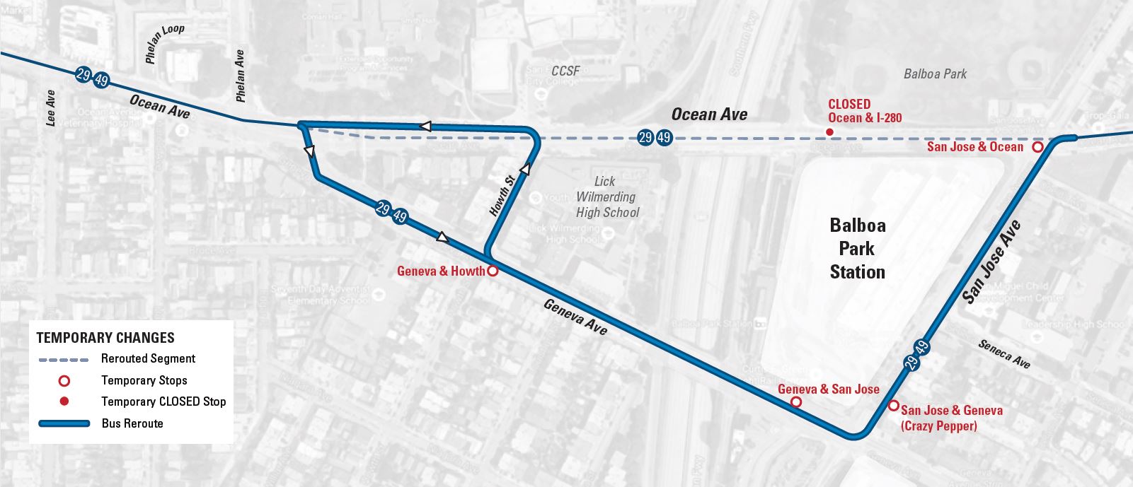 Map for westbound Ocean Ave reroute