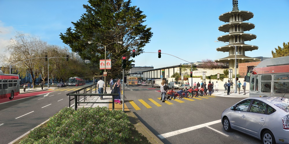 A visualization of Geary Boulevard at Buchanan Street with Geary Rapid improvements. People, including a chauffeured group school children, cross Geary using crosswalk that's separated into two sections by a waiting area in the median. Muni buses use red-colored, curbside transit-only lanes.