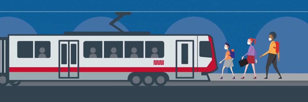 Three youths, wearing masks, approach a Muni light rail vehicle stopped at a street platform