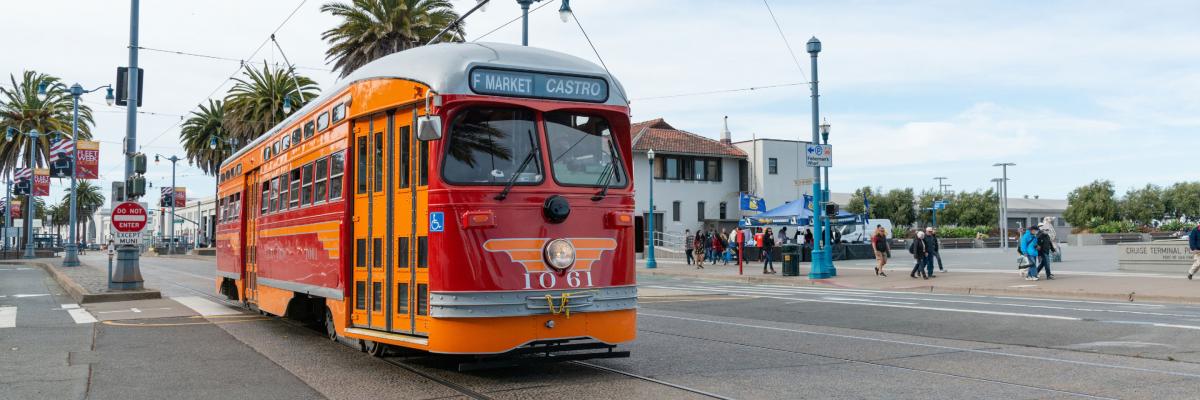 An F Market streetcar safely navigates The Embarcadero near the Cruise Terminal