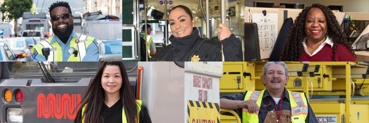 Collage of five happy SFMTA employees from across the agency