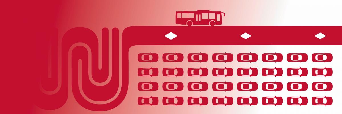 Graphic of the Muni logo becoming a red lane on which a Muni bus passes blocked car stuck in traffic