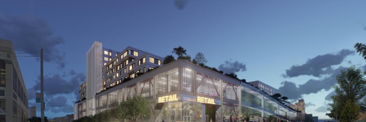 a nighttime view of conceptual rendering of Potrero Yard from 17th and Hampshire streets