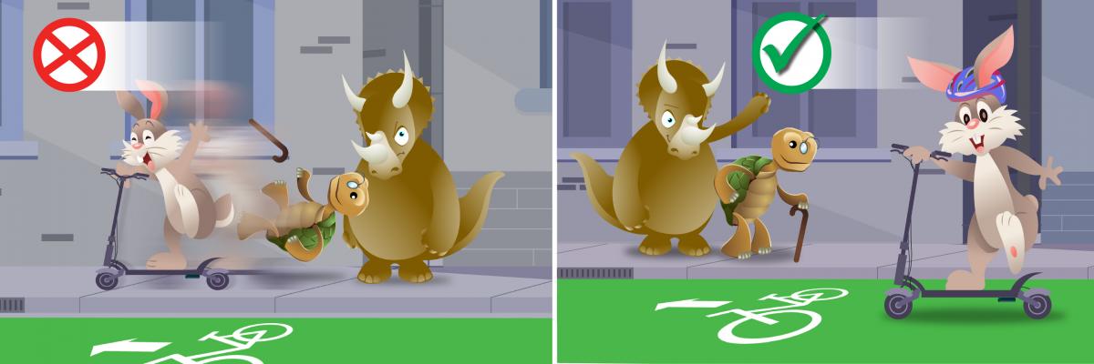 Animation images of cartoon animals riding a scooter. Left image shows a rabbit riding on sidewalk. Right riding in correct lane
