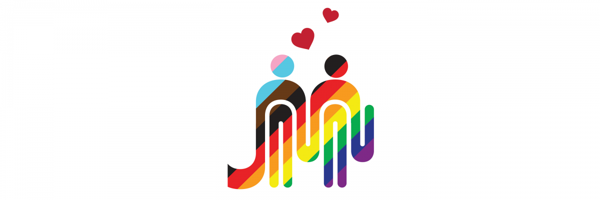 A stylized version of the Muni "worm" logo that looks like two people holding hands with the rainbow pride stripes and hearts fl