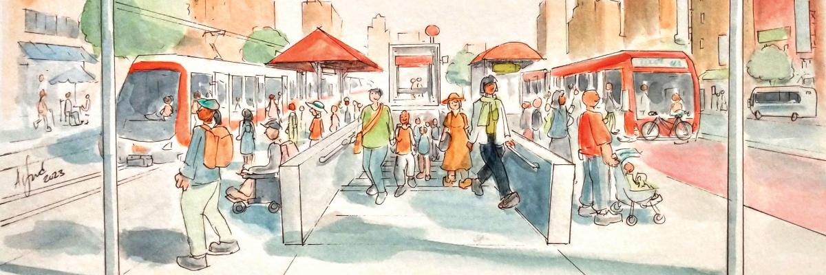illustration of happy transit riders coming up stairs to a transit stop with a light-rail train on one side and a bus on other