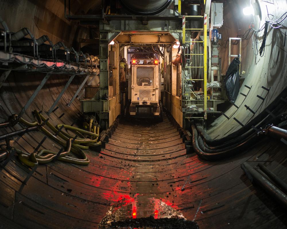 A mining service vehicle enters TBM Mom Chung during southbound tunnel construction.