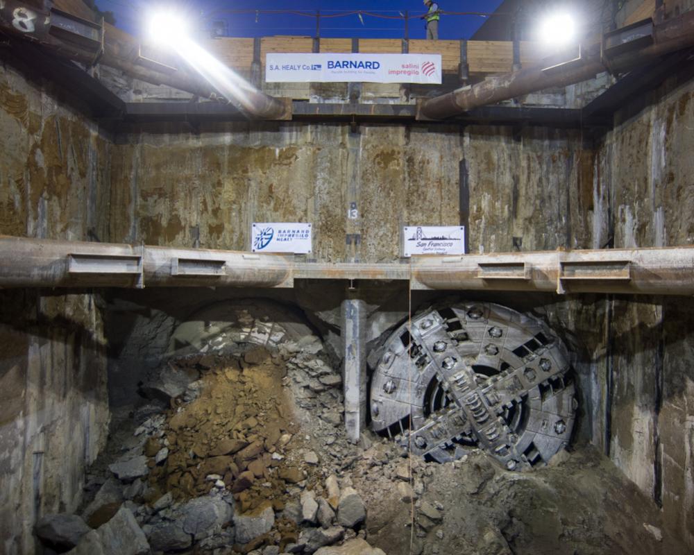 TBM Big Alma emerges (left) alongside TBM Mom Chung (right) inside the North Beach retrieval shaft.