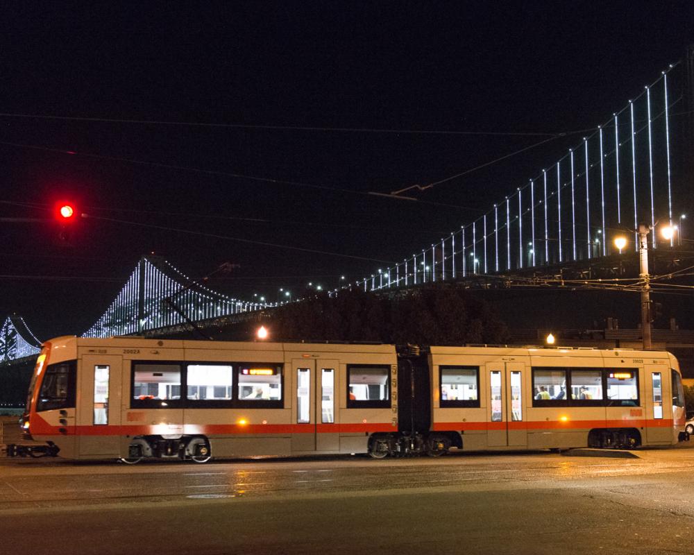 New LRV train on embarcadero at night