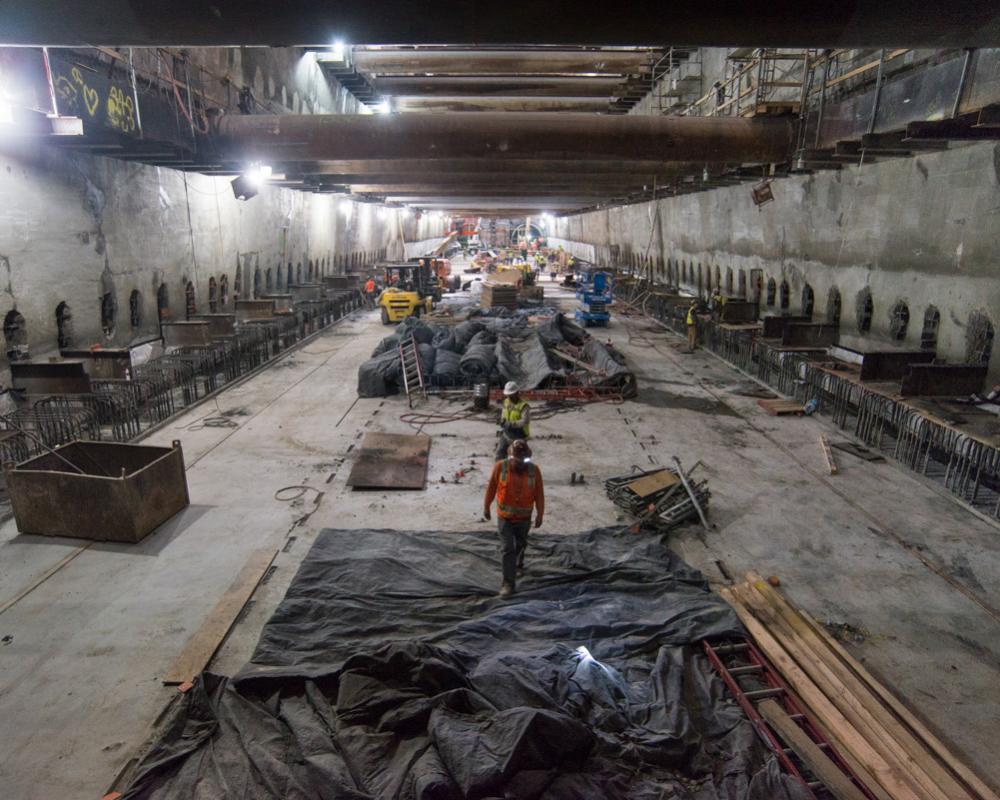 A clear view looking north down the Union Square/Market Street station invert, following the removal of temporary bracing.