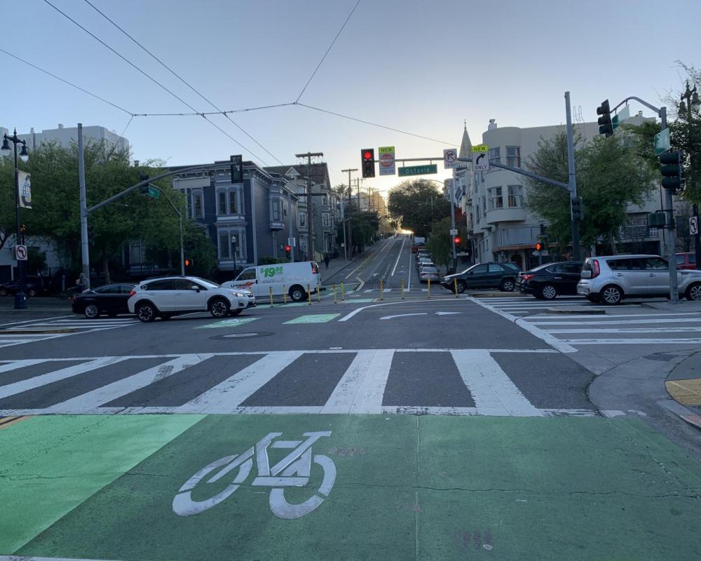 View of bikeway improvements at Page Street and Octavia Boulevard, facing west