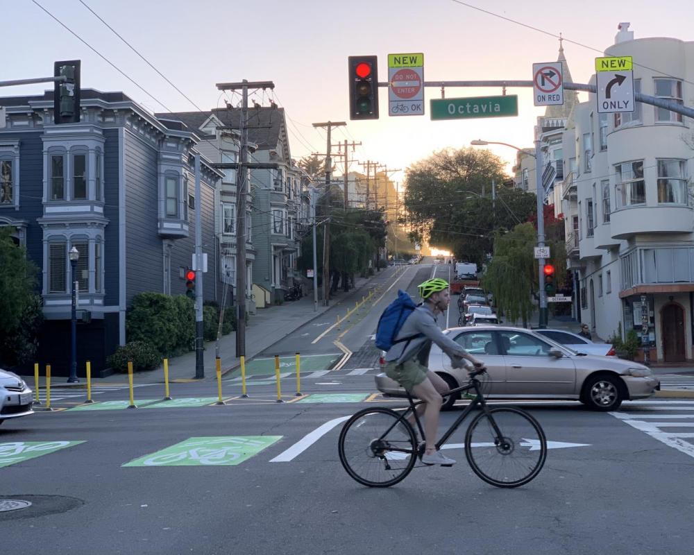 Closer view of bikeway improvements at Page Street and Octavia Boulevard, facing west