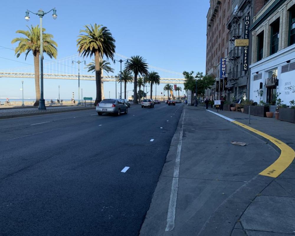 View of southbound The Embarcadero between Mission to Howard streets after the road was repaved, looking south