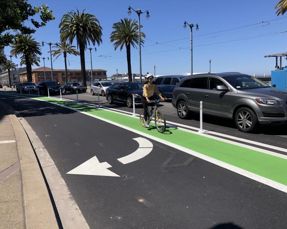 View of southbound The Embarcadero between Mission to Howard streets after repaving with an improved bike lane, looking north