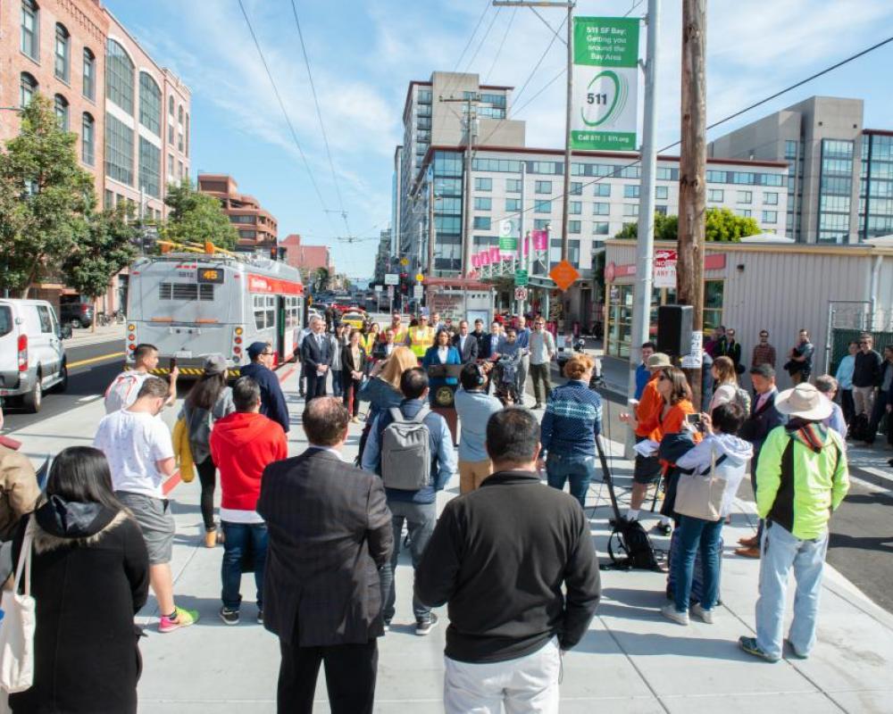 Photo of project ribbon cutting event with Mayor London Breed and Transportation Director Jeffrey Tumlin - March 10, 2020