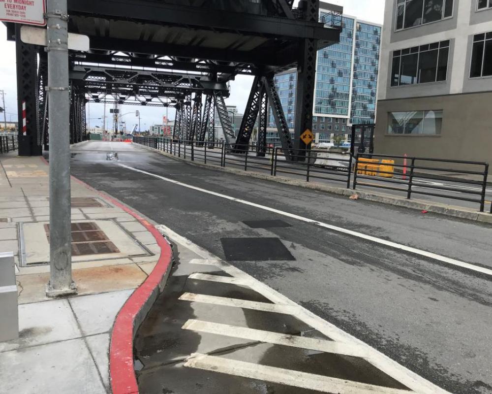 two vehicle travel lanes on Lefty O'Doul Bridge