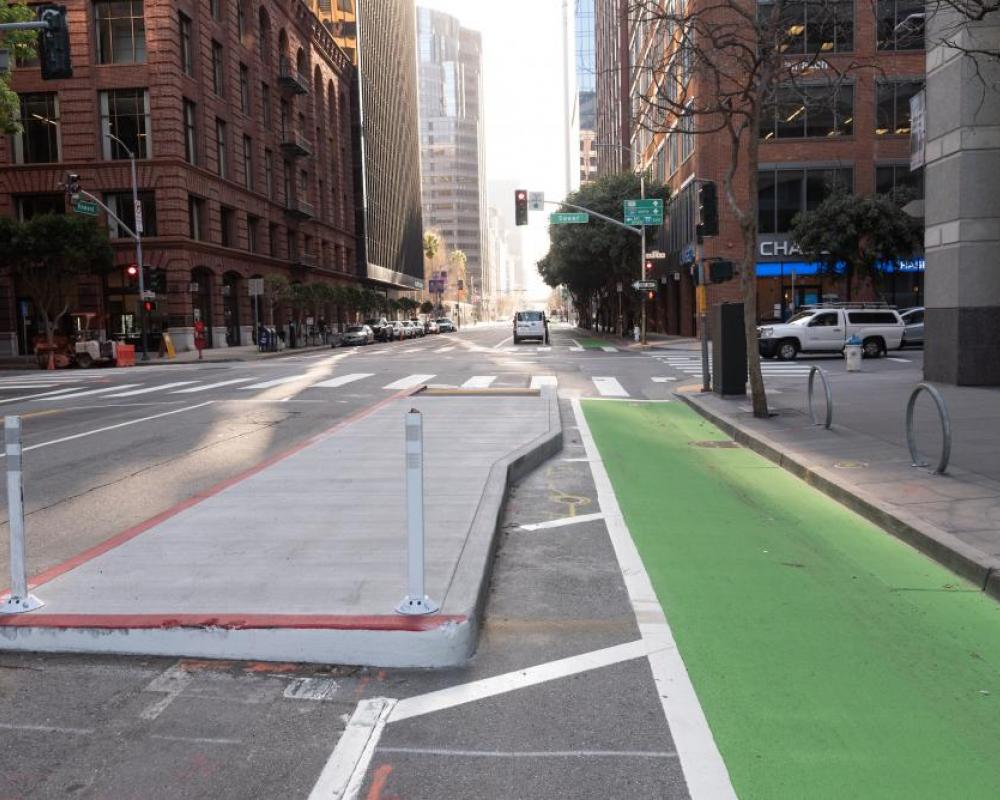 transit boarding island and protected bikeway