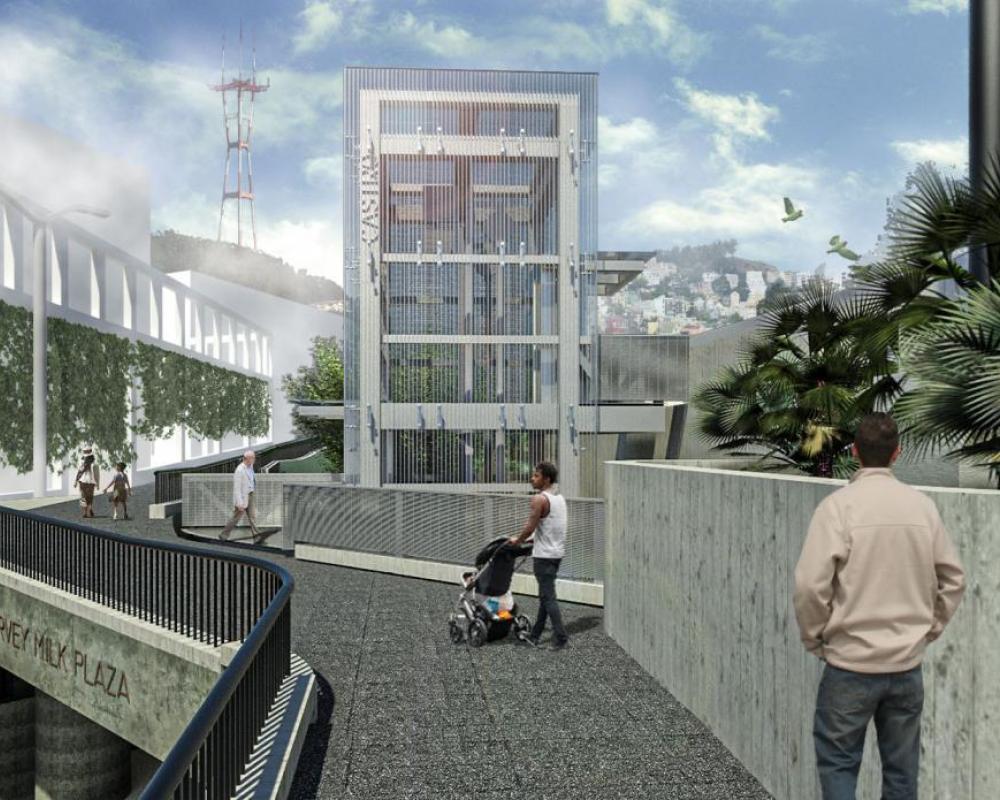 Front view of Harvey Milk Plaza with Elevator and walkway