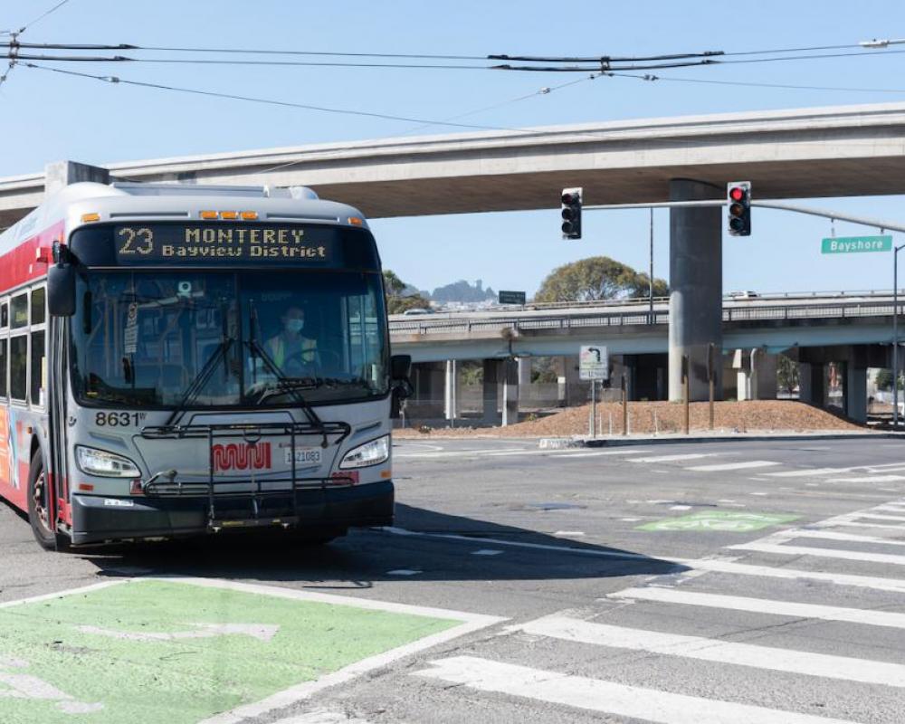 The 23 Monterey Muni bus on Bayshore Boulevard at Industrial Street