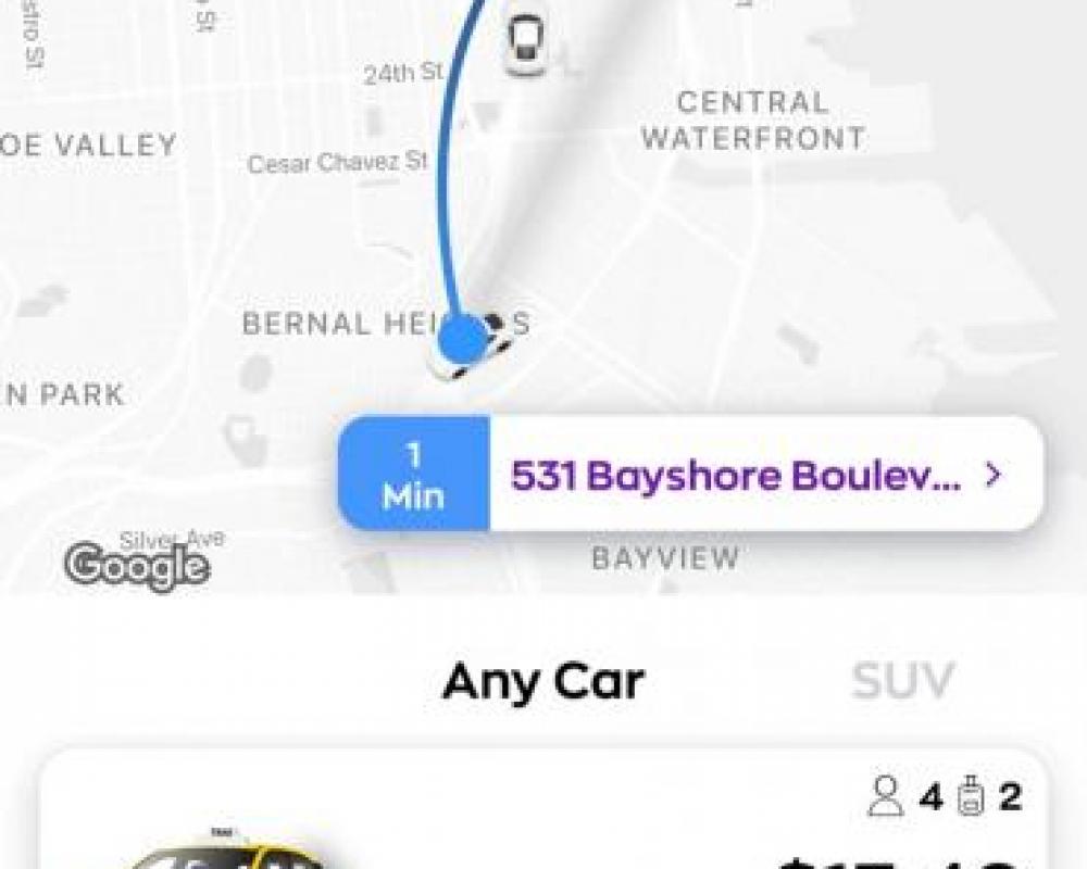 Image of YoTaxi app being used to hail a pick up