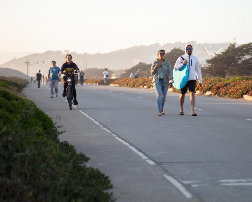 Pedestrians and bicyclists on Great Highway