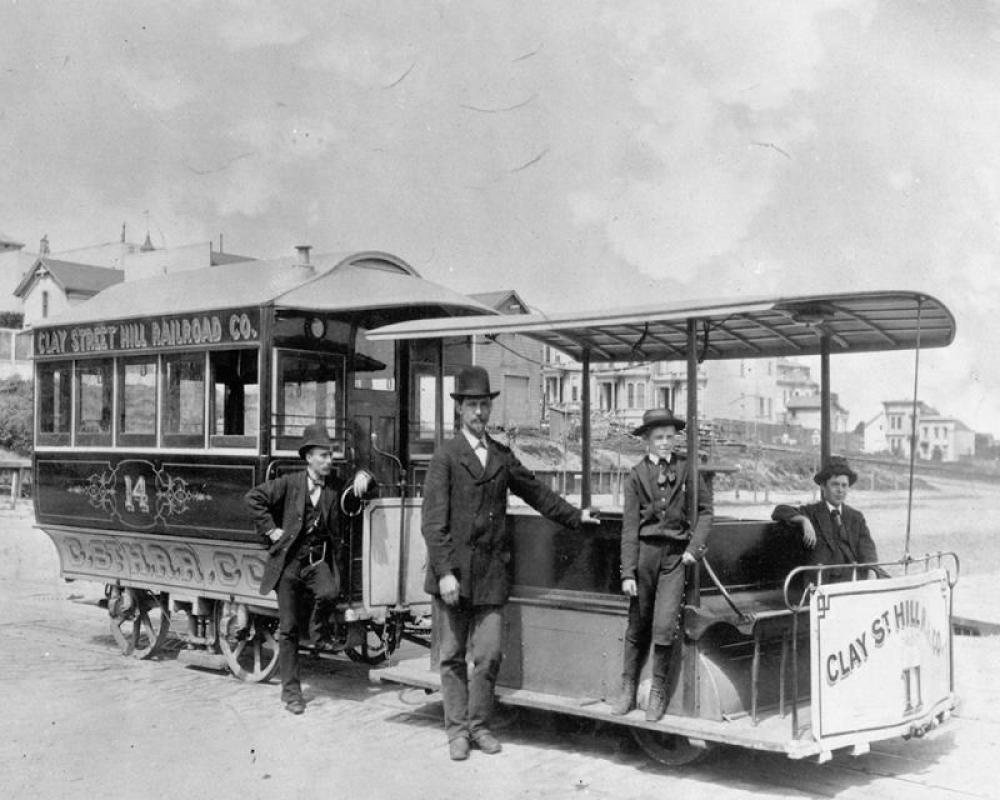 Clay Street Hill Railroad Cable Car Dummy 11 and Trailer 14 at Clay Street and Van Ness Avenue with Andrew Hallidie Circa 1877