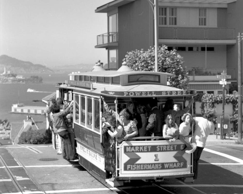 Centennial Cable Car 1 in Service on Powell and Hyde Line on Hyde Street Hill View of Alcatraz in San Francisco Bay 08.20.1973