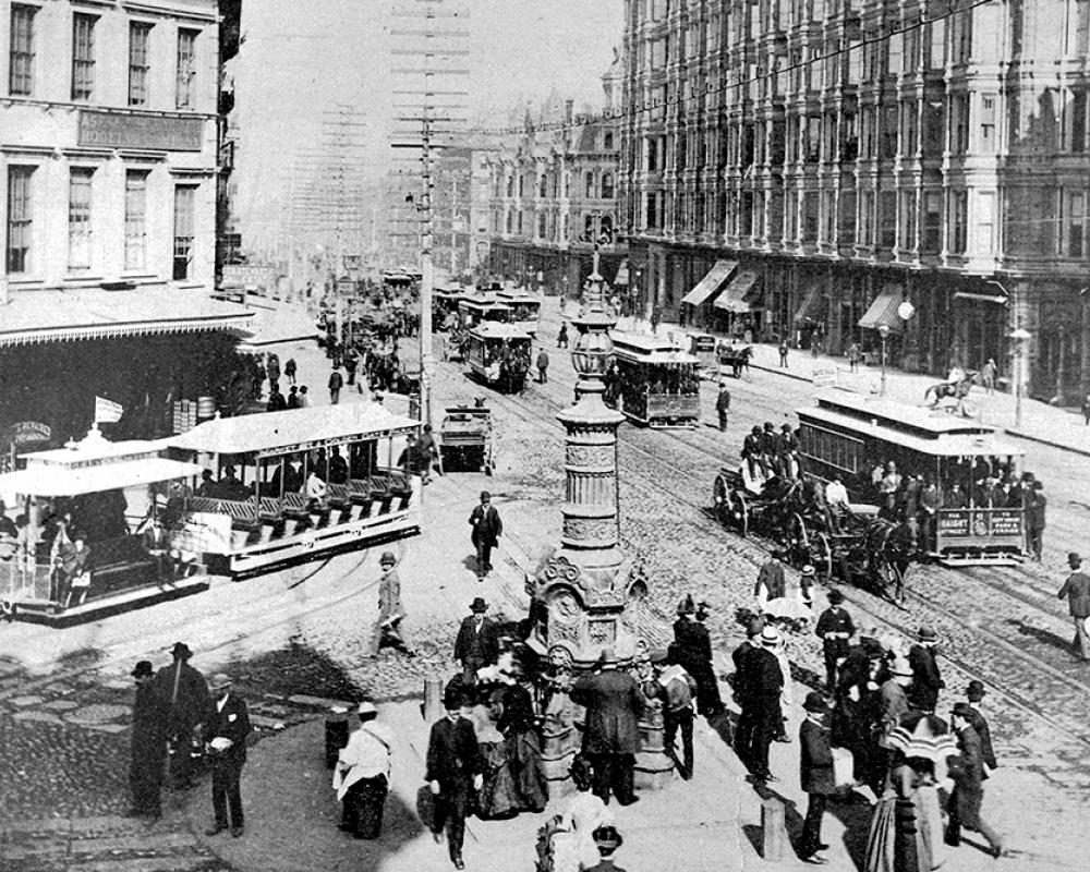 1880s View of Market From Intersection at Kearny and Geary Streets Showing Geary Street Cable Car of Geary Railroad Circa 1880s