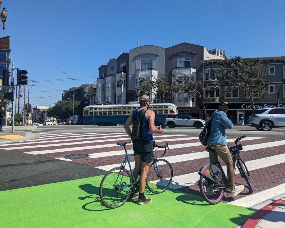 Decorative pavement and people biking