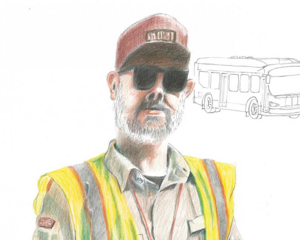 A portrait illustration of a man wearing a yellow vest, sunglasses and a red hat with a sketch of a bus in the background.