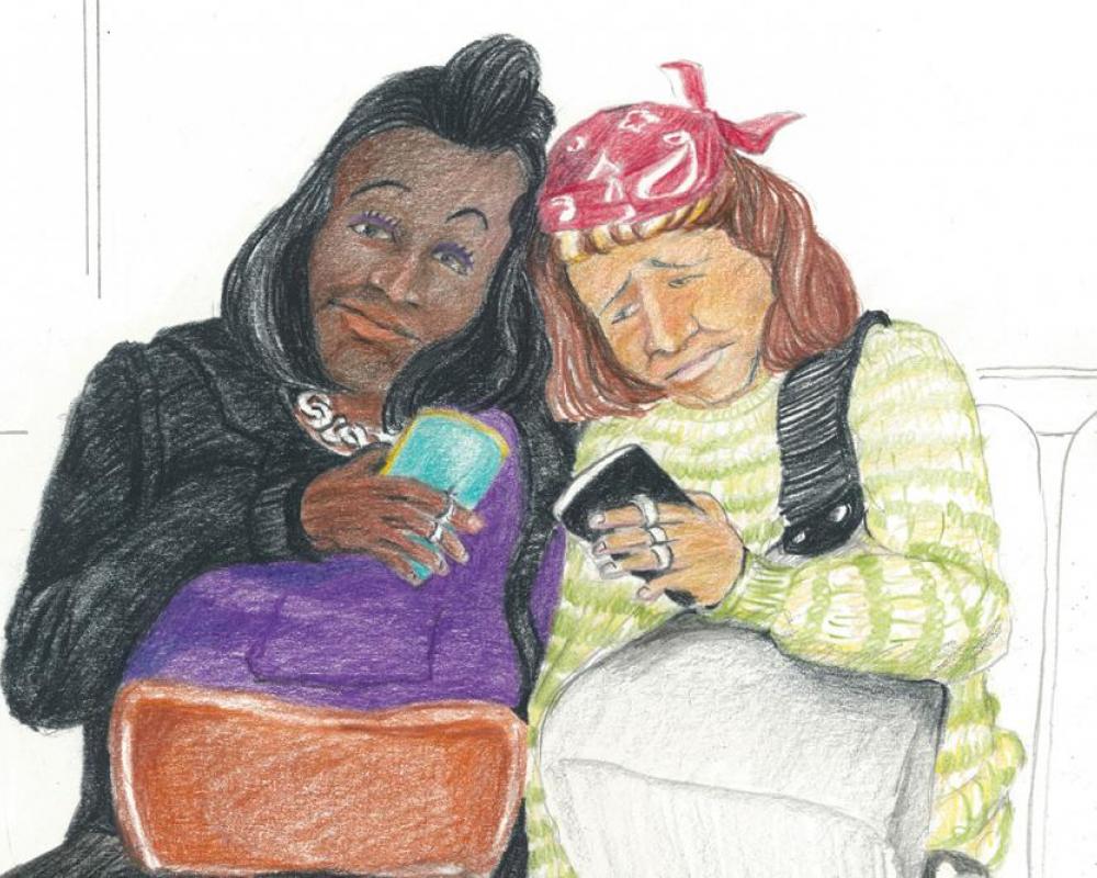 A portrait illustration of two women holding smartphones with one looking at the camera and the other looking at her phone.