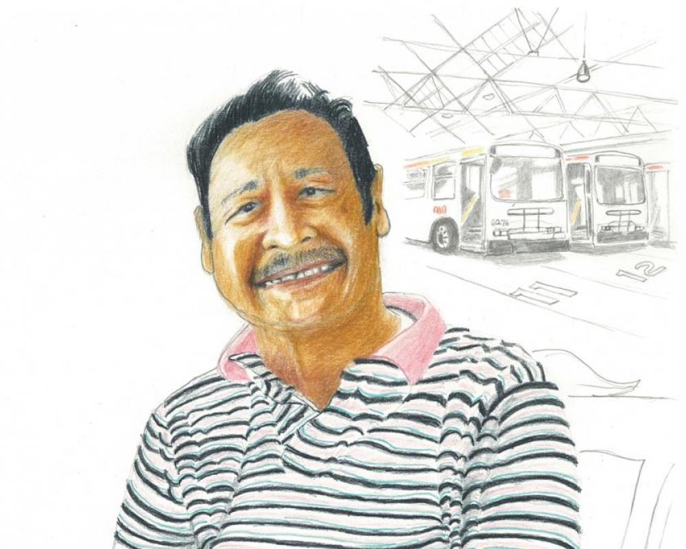 A portrait illustration of a man smiling with two buses in the background.