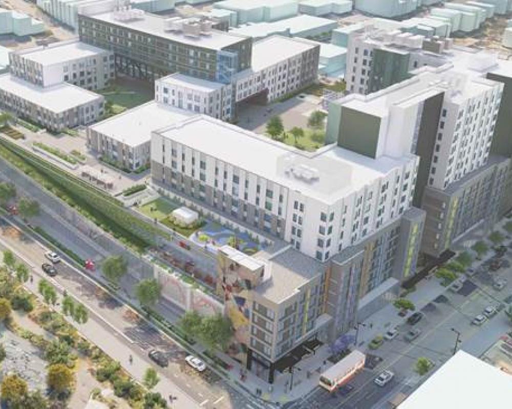 Rendering of an Aerial view from the northwest of the bus facility and proposed housing