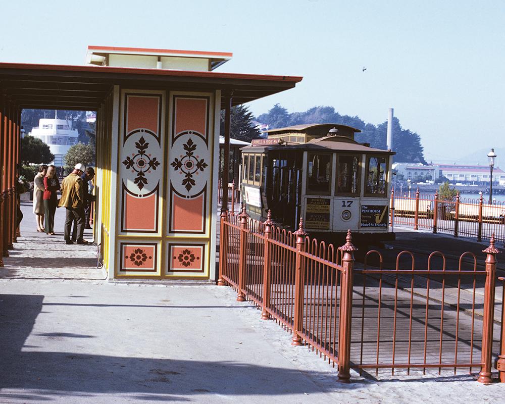 The Victorian Park waiting station at the end of the Powell Hyde line near Aquatic Park in the 1970s.