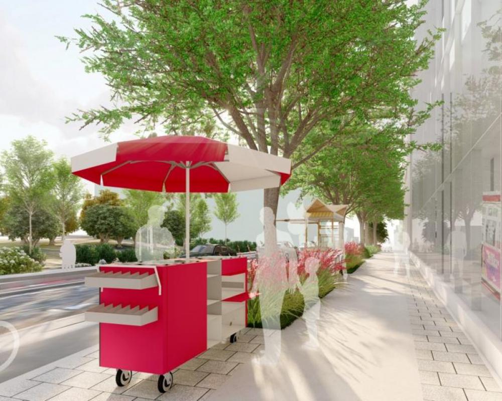 Rendering showing protected bike lane along 17th Street, and vendors using kiosk spaces along the sidewalk. 