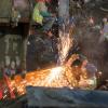 A metalworker cleans up the ends of a large steel I-beam for welding, which will be used as a bracket at the south headwall.