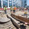 Curved formwork mark the edges of future curbs and gutters during sidewalk restoration work at 4th and Townsend.