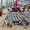 Prepared strands of rebar wait at the surface worksite just north of O'Farrell to be lowered into the UMS station box.