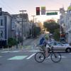 Closer view of bikeway improvements at Page Street and Octavia Boulevard, facing west